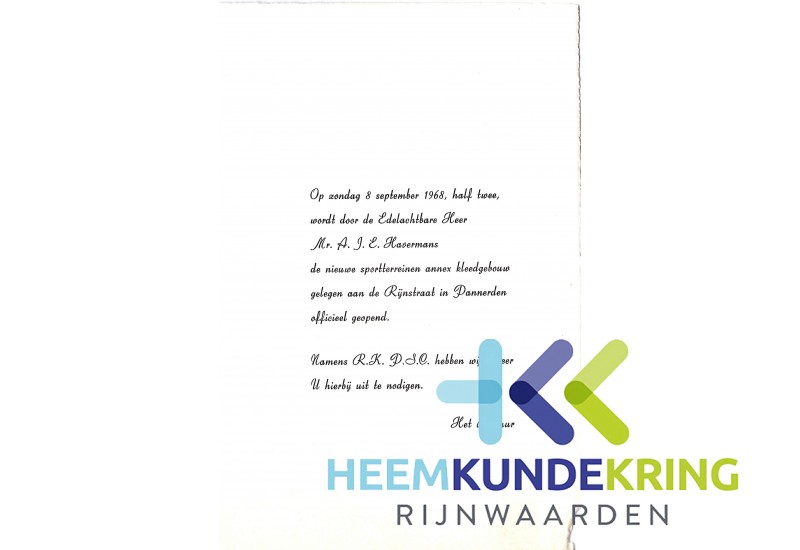 Pannerden uitnodiging opening Sportterrein. 808-09-1968 Coll. A.Havermans